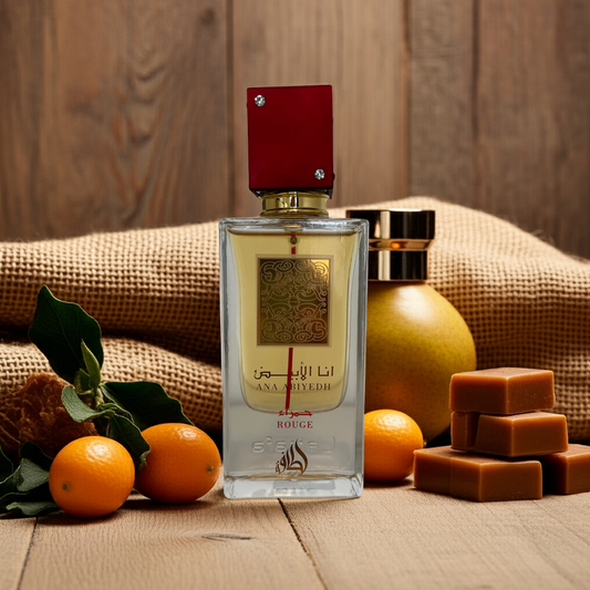 Notes d’Ana Abiyedh Rouge – Lattafa : safran, fleur d’oranger, ambre, résine d’élémi, musc blanc et bois de cèdre.

