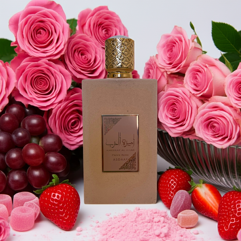 Notes d’Ameerat Al Arab Privé – Asdaaf : fruits sucrés, fleurs orientales, Rose, fraises, raisins, orange, bois chaud et musc sensuel.
