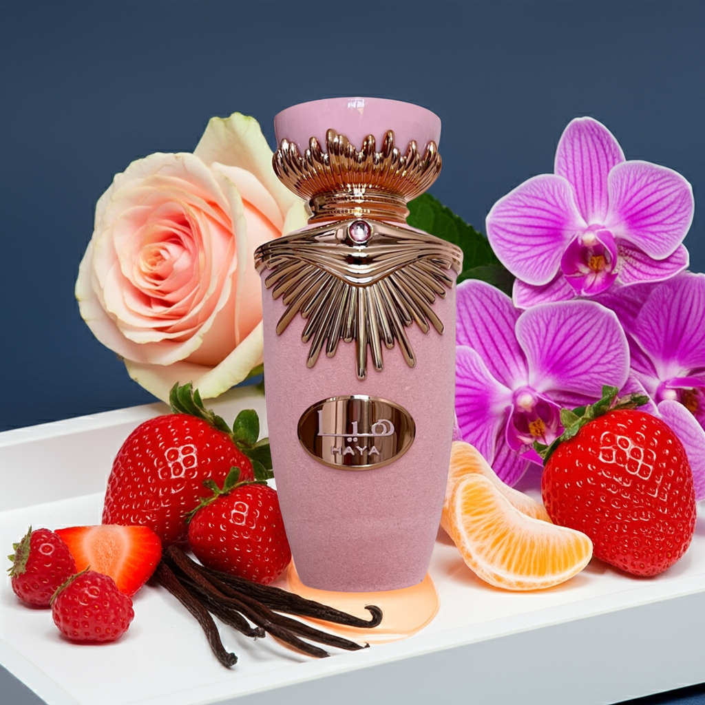 Notes de Haya – Lattafa : fruits rouges sucrés, fleurs blanches veloutées, bois doux et vanille crémeuse, champagne 
